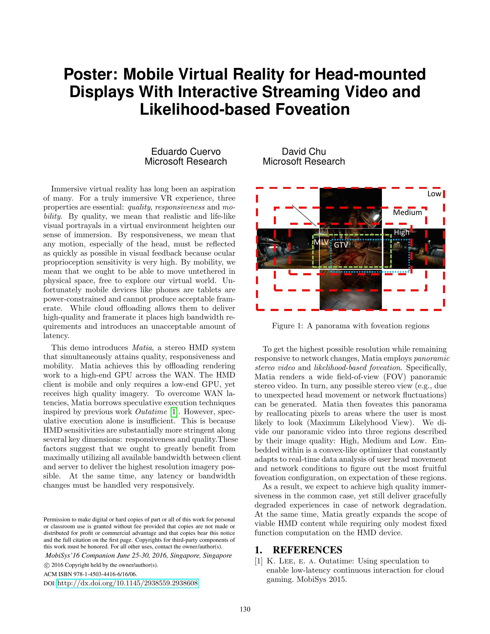Preview for Poster: mobile virtual reality for head-mounted displays with interactive streaming video and likelihood-based foveation